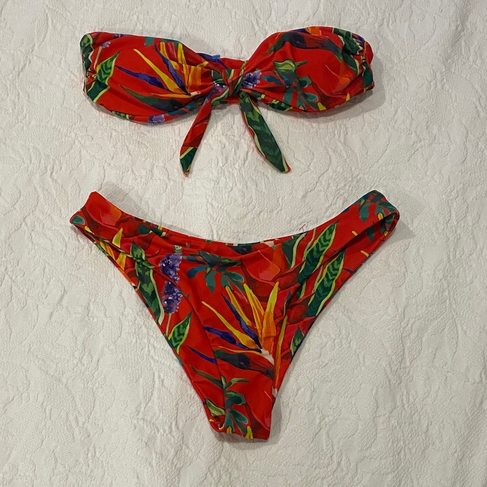 Reddish Orange Tropical Print Bikini Set